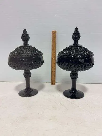 (2) black Tiara compotes- possibly Indiana