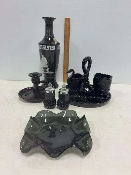 Black Jim Beam decanter, candle holder, S&P, swan, & more