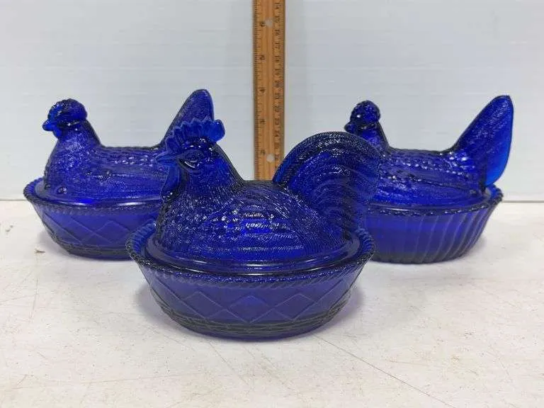 (3) Cobalt blue hens on a nest