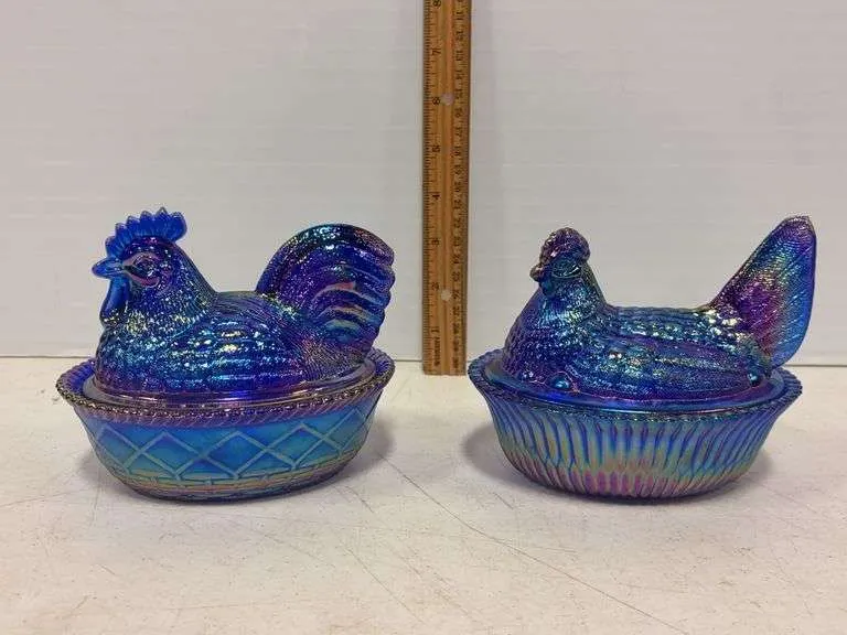 (2) cobalt blue carnival hens on a nest- (1) Westmoreland