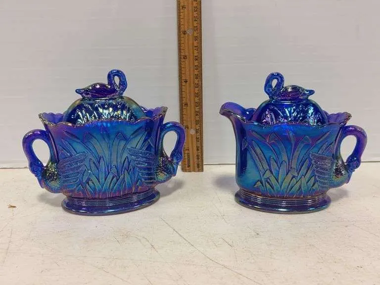 (2) Westmoreland cobalt blue carnival swan sugar & creamer dishes