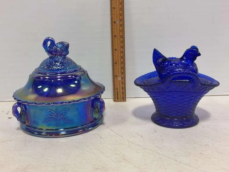 Westmoreland cobalt carnival swan covered dish & cobalt blue hen on basket