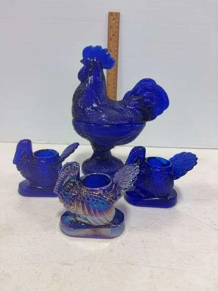 Cobalt blue rooster covered dish & turkey toothpick holders