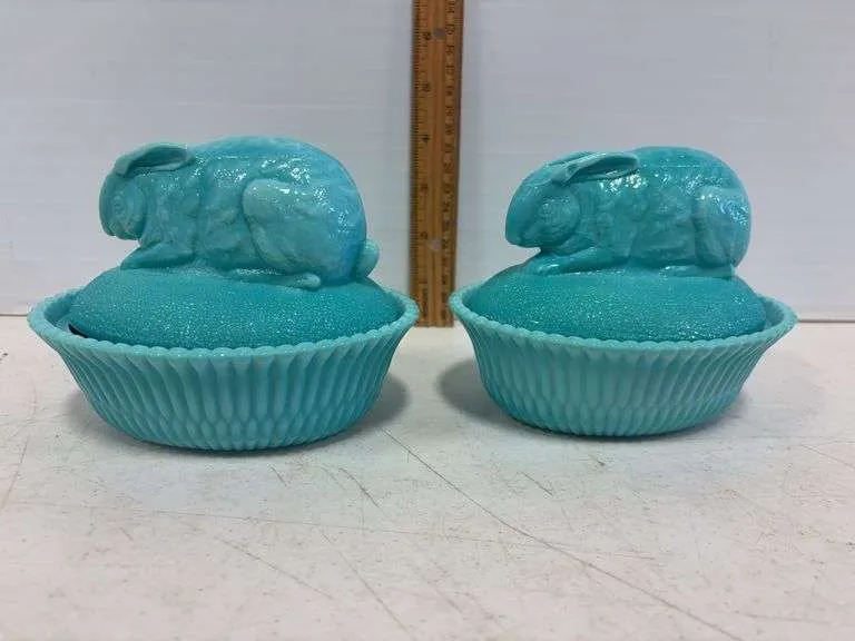 (2) slag glass bunnies on a nest