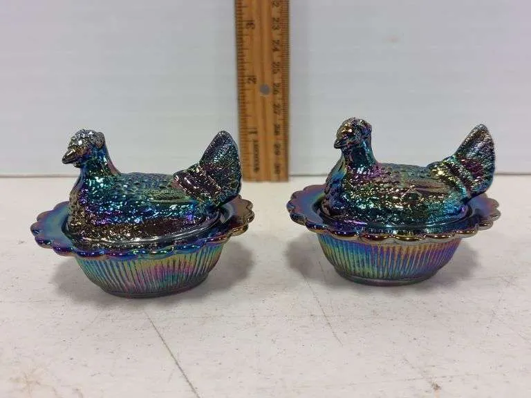 (2) carnival glass mini hens on a nest- possibly Mosser