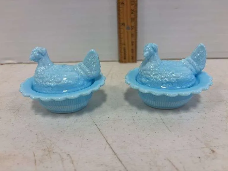(2) blue mini hens on a nest- possibly Mosser