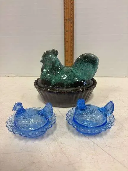 (2) blue mini hens on a nest- possibly Mosser & rooster on a nest