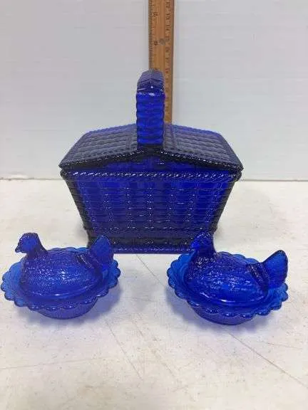 Cobalt blue basket & mini hens on a nest- possibly Mosser