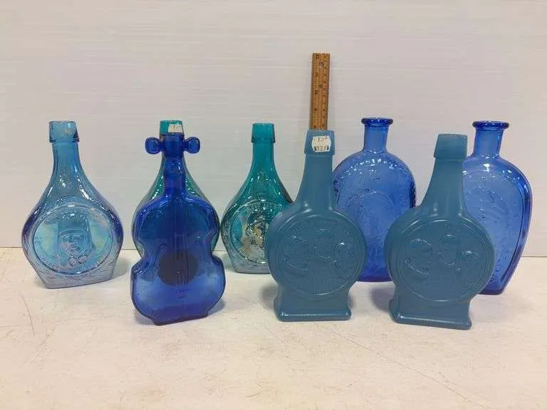 (8) various blue glass decanters- includes The Space Mechanics, General Washington, The Lone Eagle & more