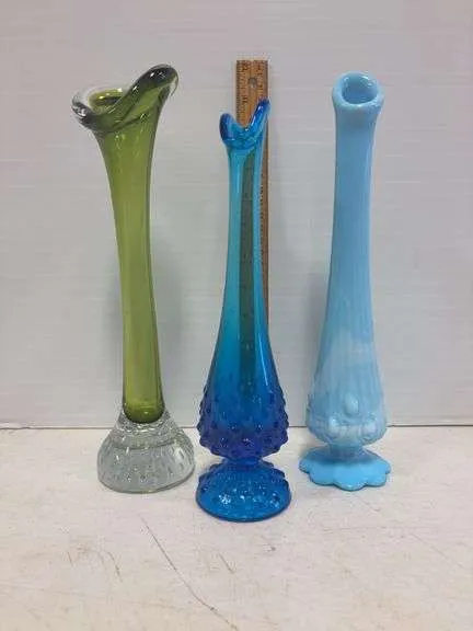 Fenton hobnail, blue swag, & green art vases