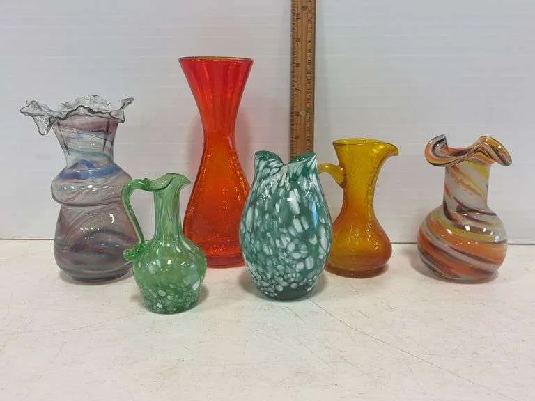 Hand blown art & crackle glass vases & pitcher