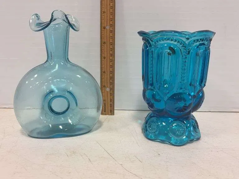 Blue Smith glass spooner vase & other blue vase