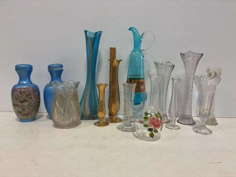 Hand blown art vase, decanter pitcher, & misc vases