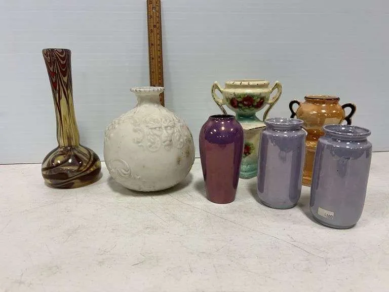 Milk glass bottle, art vase, & assortment of vases
