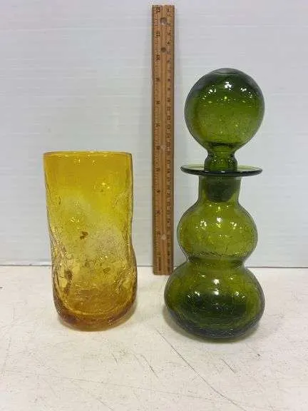 Green crackle glass decanter & yellow glass