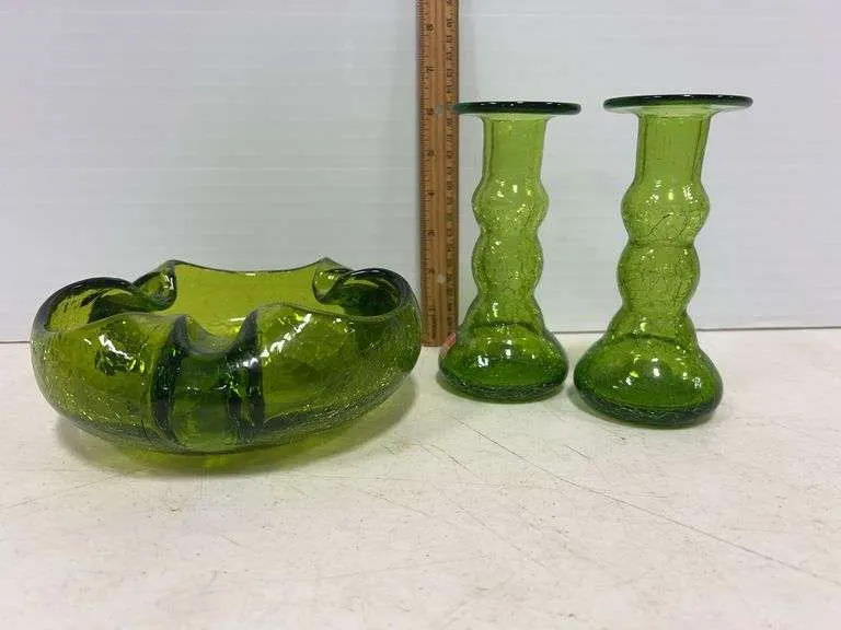 Green Viking candle holders & bowl
