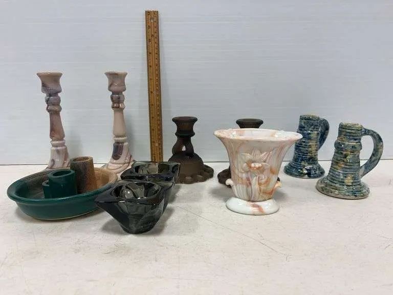 Slag glass candle holders & vase, pottery candle holder, Westmoreland & more