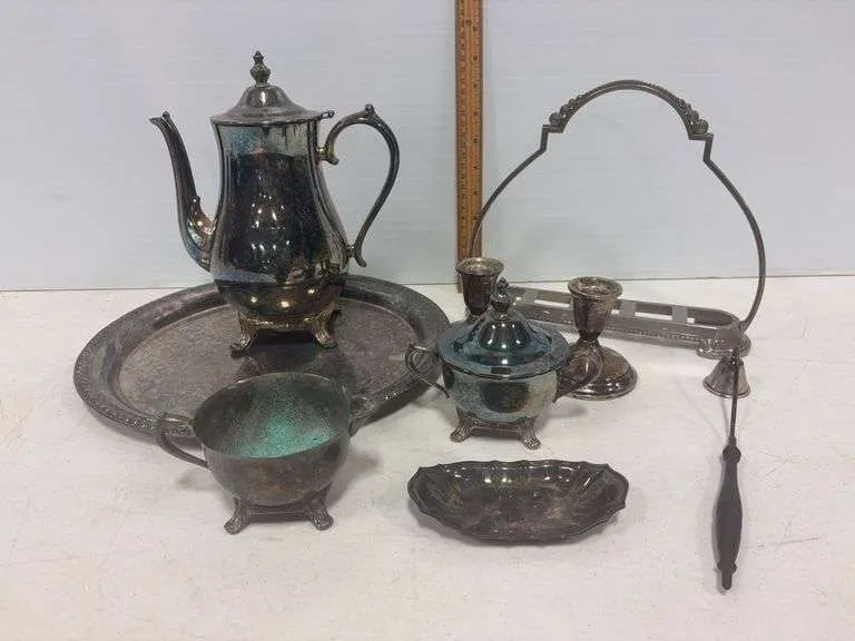 Silverplated pitcher, sugar & creamer, candle holders, misc