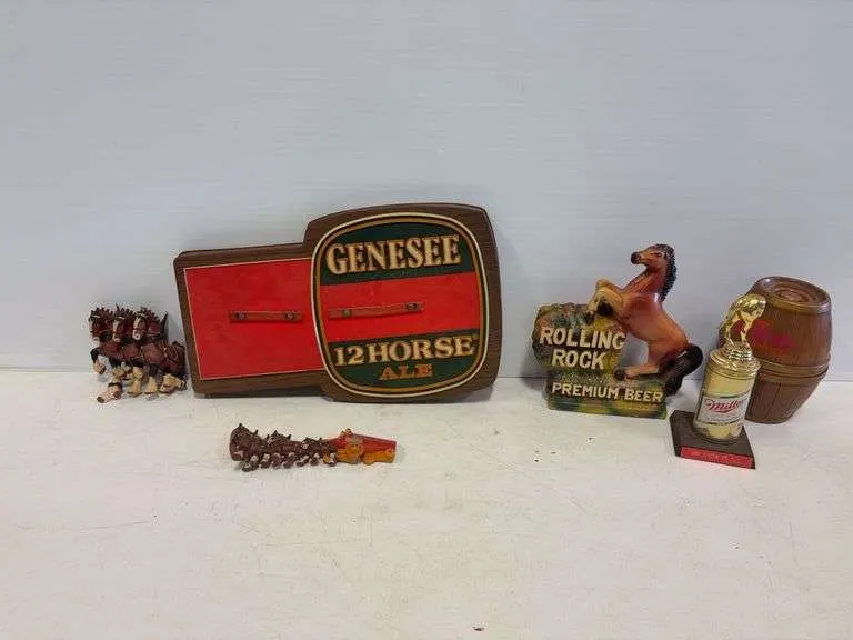 Genesee beer sign, horse decanter & horse figurines