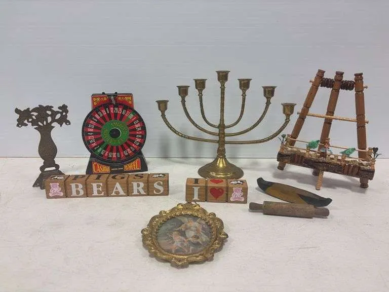 Brass candle holder & decorative piece, bamboo decorative easel, misc