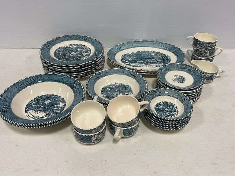 Currier & Ives plates, cups, & bowls