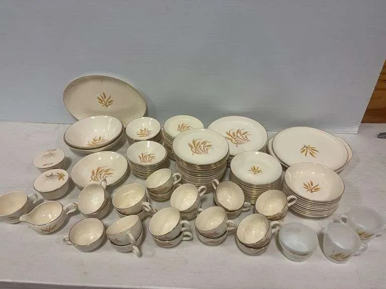 Large assortment of wheat design plates, cups & more