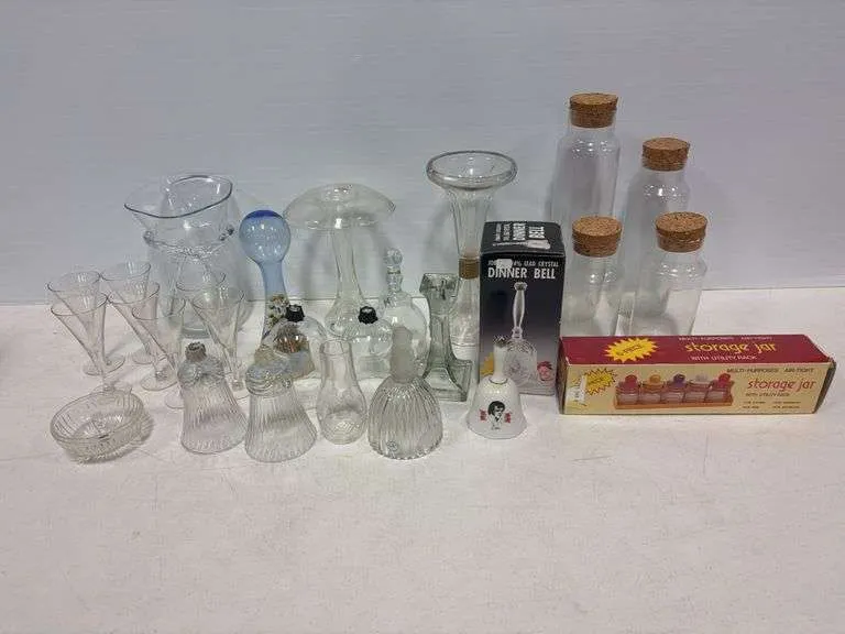 Clear art glass vases, candle holders, bells, canisters, misc