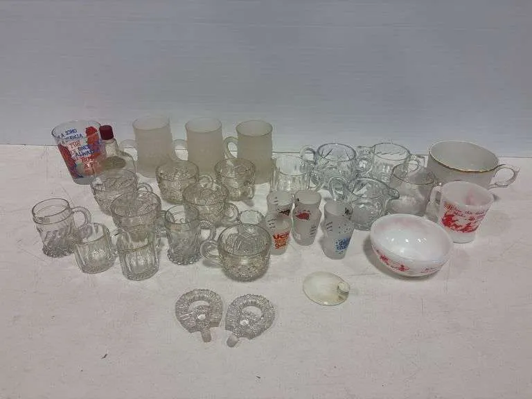 Glass mugs, cups, creamers, shot glasses, misc