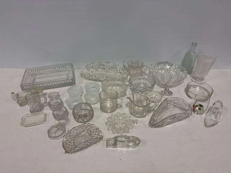 Crystal glass salt cellars, cups, dishes, misc
