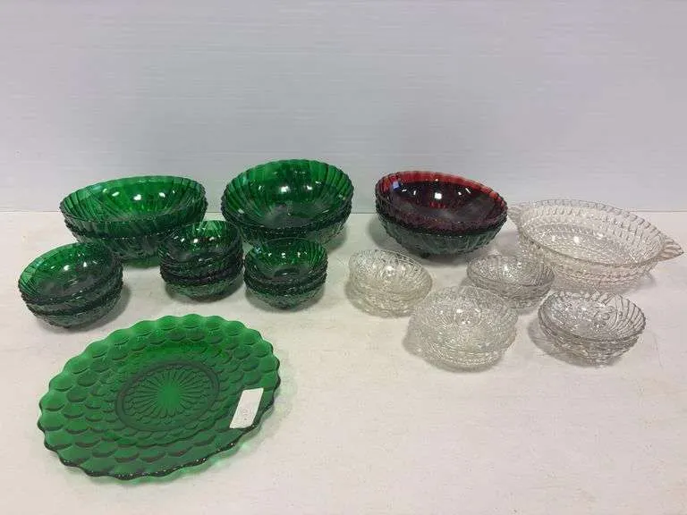 Footed green, red, & crystal bowls