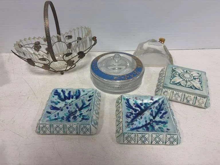 Ceramic trinket box, ash trays, glass covered dish, basket & more