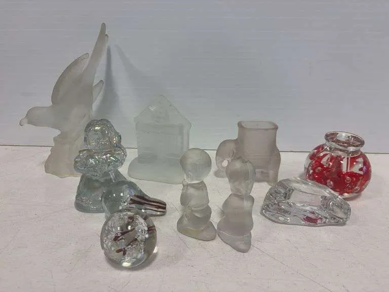 Frosted glass bird, boy & girl figurines, candle holder, paper weights, misc