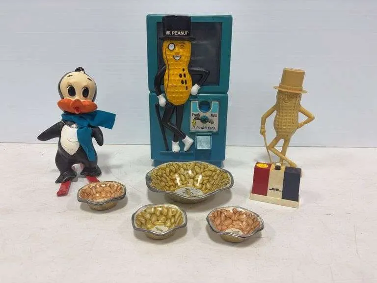 Vintage Mr. Peanut dispenser, coin bank & peanut dishes, skiing penguin coin bank