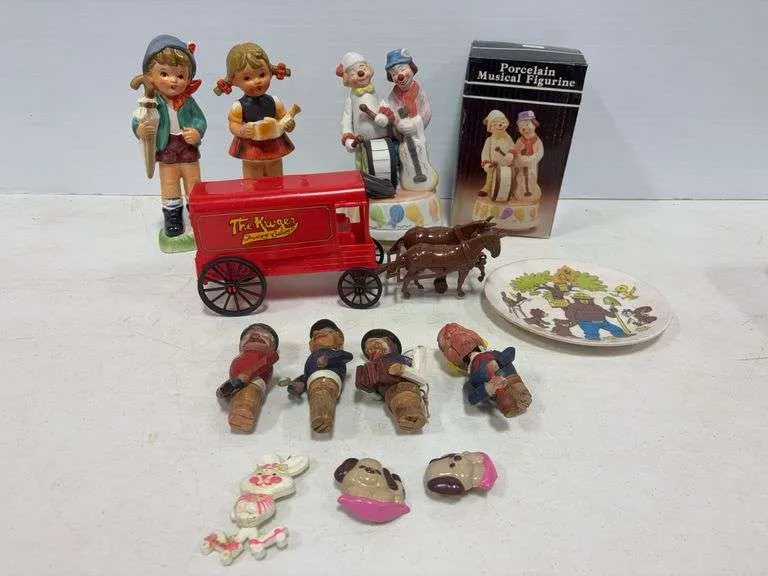 Antique wooden bottle corks, Hummel figurines, musical figurine, Kroger wagon, misc