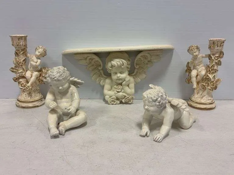 Holland mold candle holders, angel shelf & figurines