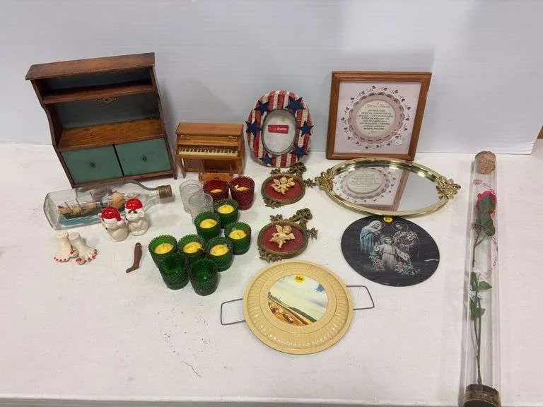 Antique Mary Lu doll hutch, piano, mirror, wall art, candles, misc