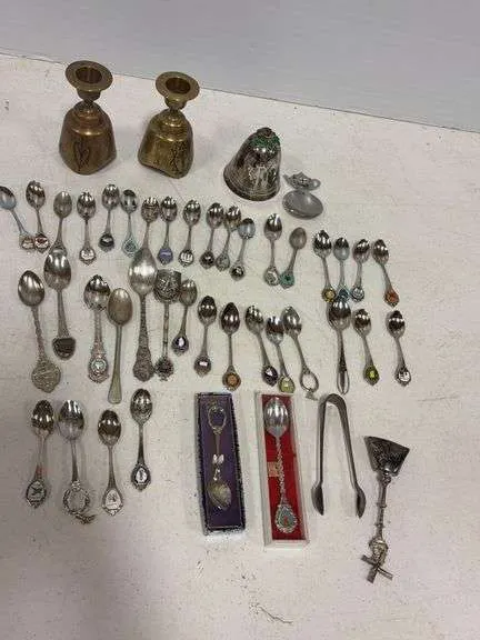 Souvenir spoons, brass & other bells