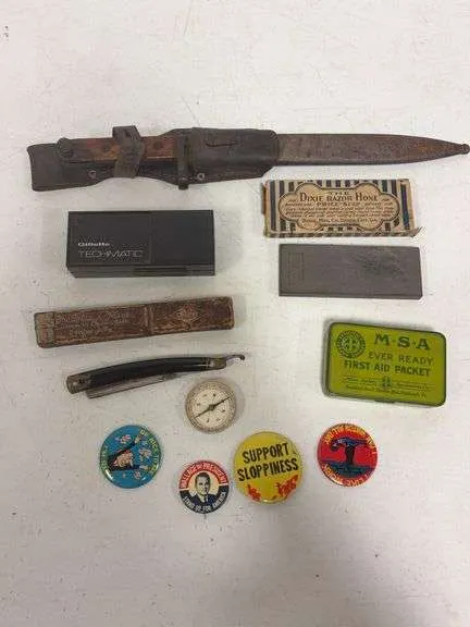 Antique straight razor, razor hone, bayonet, pins, misc