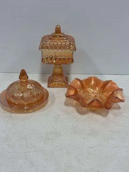 Jeanette glass butter dish, Marigold candy dish & bowl