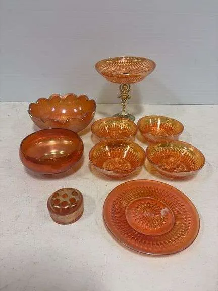Marigold candy dish, candle holders, flower holder, bowls