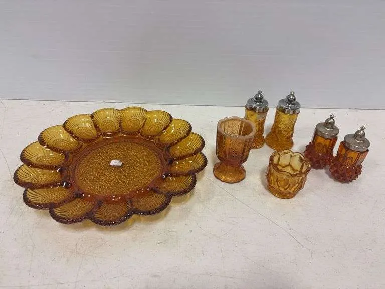 Fenton amber toothpick holder, egg platter, S&P