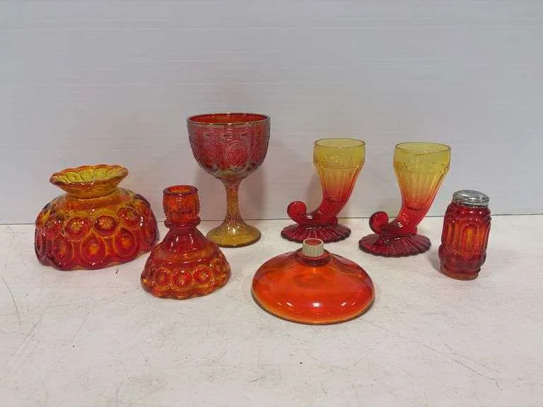 Amberina glass cornucopia horn vases, candle holders, misc