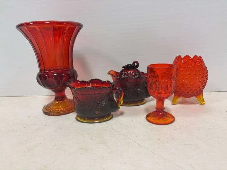 Fenton hobnail egg shaped vase, goblet, Amberina vase, Westmoreland creamer dishes- (1) w/ lid,