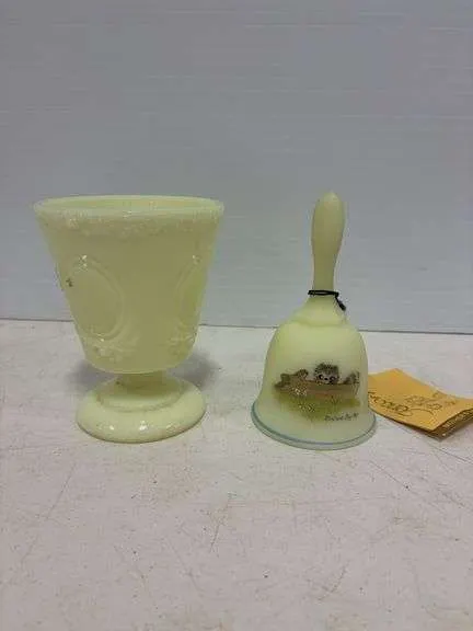 Fenton hand painted & signed bell & custard candy dish