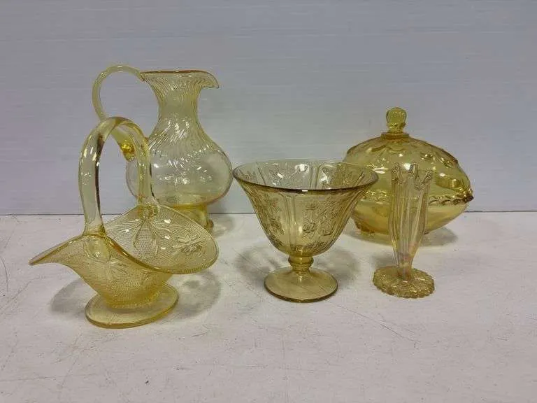 Yellow Tiara basket, covered dish, compote, pitcher & vase