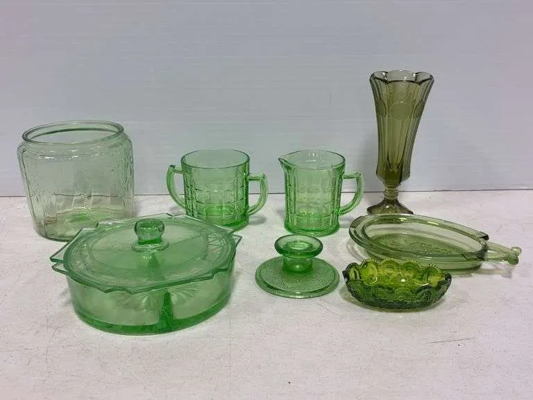 Fostoria green coin vase, green depression sugar & creamer, covered dish & misc