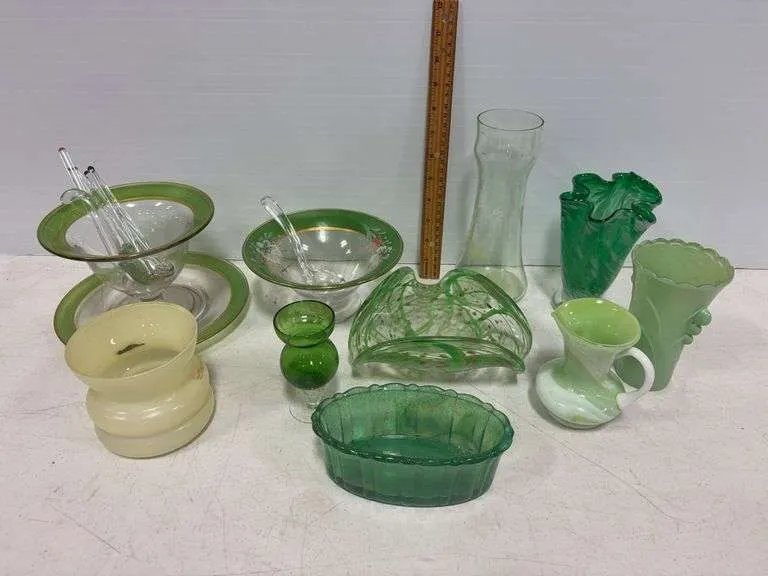 Green art glass vases, pitcher, bowls, misc