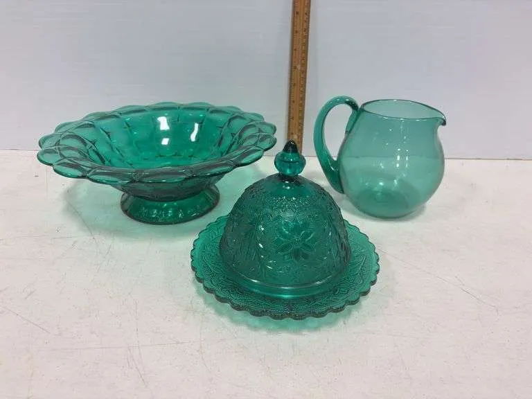 Tiara teal domed butter dish, bowl & pitcher