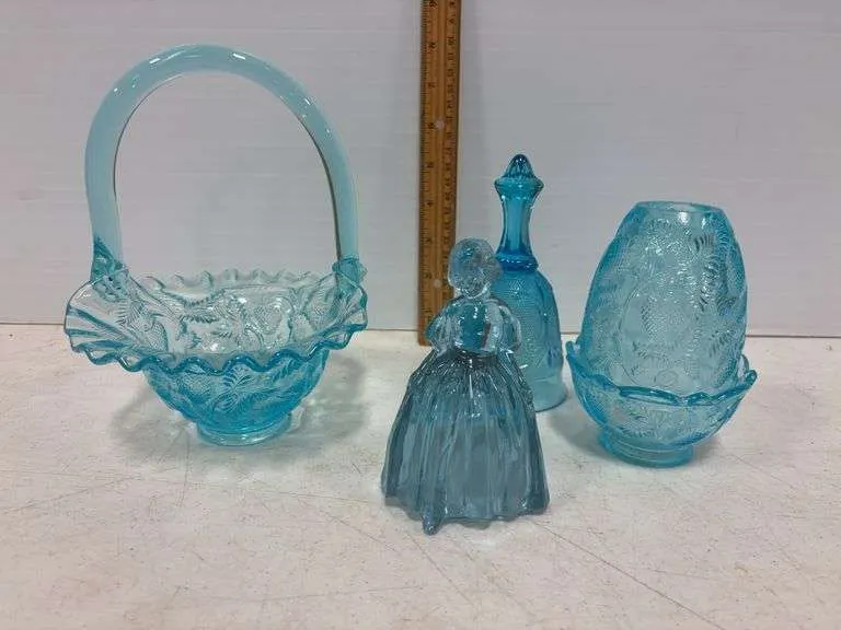 Fenton basket, fairy lamp, Tiara bell & Victorian lady
