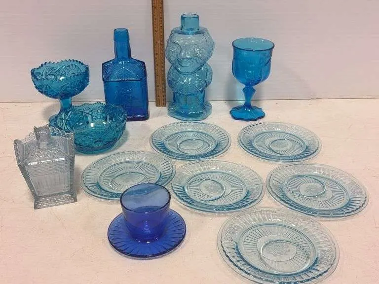Blue Kemple compote, handled bowl, trinket box, decanters, plates, misc